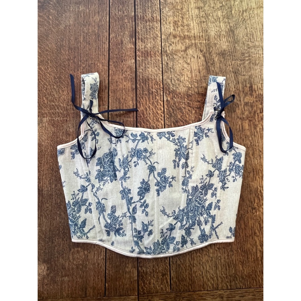 Blue floral toile de jouy corset stays lace -up linen cotton cottagecore navy